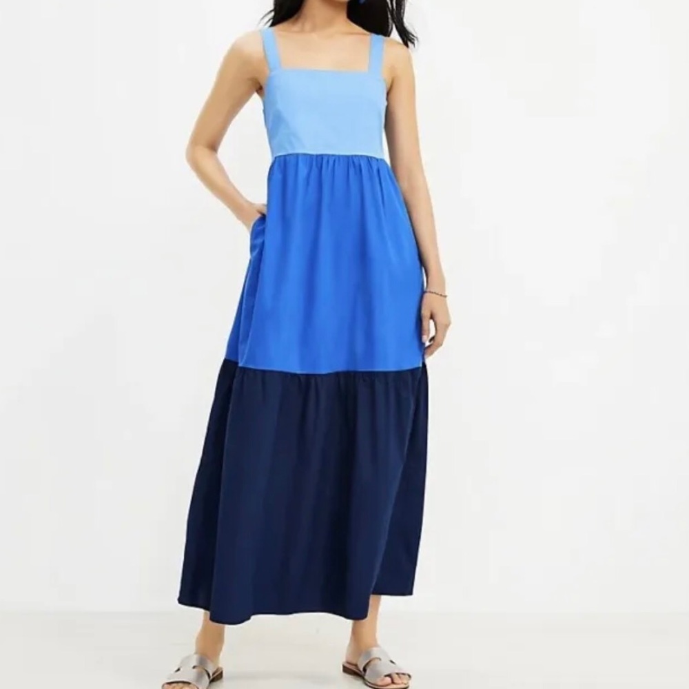 Loft Blue Colorblock Tiered Maxi Dress